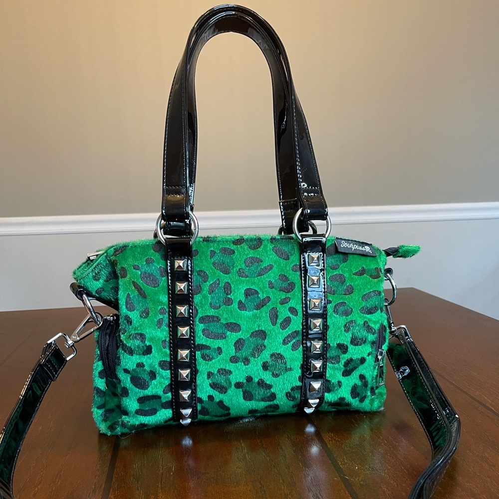 Sourpuss leopard print green purse with patent leather straps and spikes
